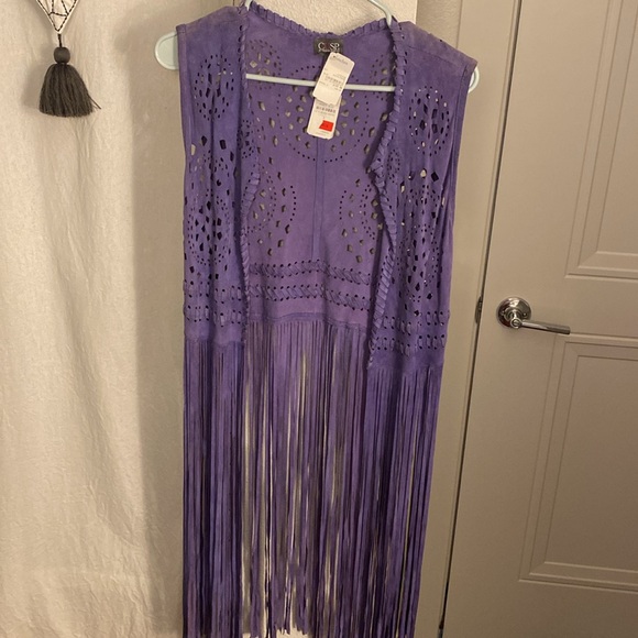 NWT Neiman Marcus CUSP purple Suede fringe vest, Sz S - Picture 5 of 13